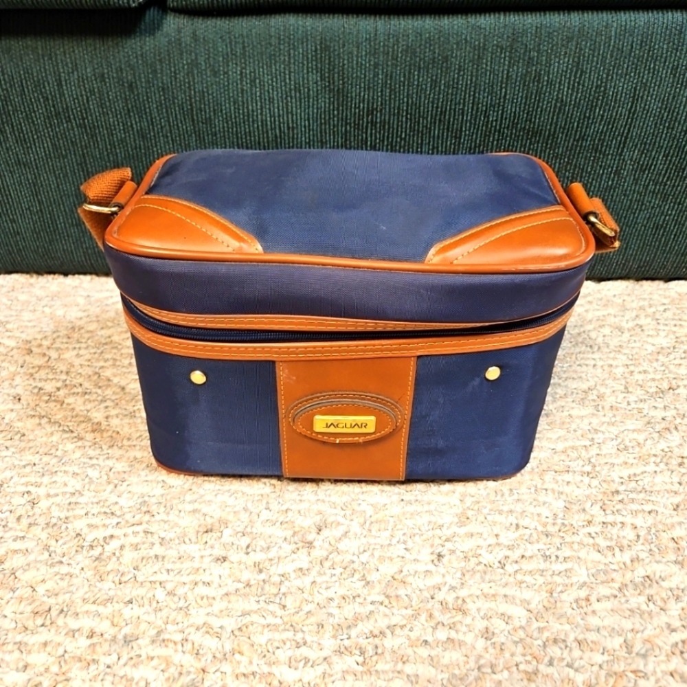 Vintage Jaguar Navy Blue Brown Leather Trim Pockets Travel Bag W/ Mirror Inside